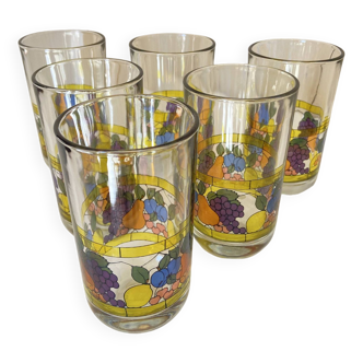 Lot de 6 Verres à Jus de Fruits Vintage - Motif Fruits sur un vitrail - AVIR Italie