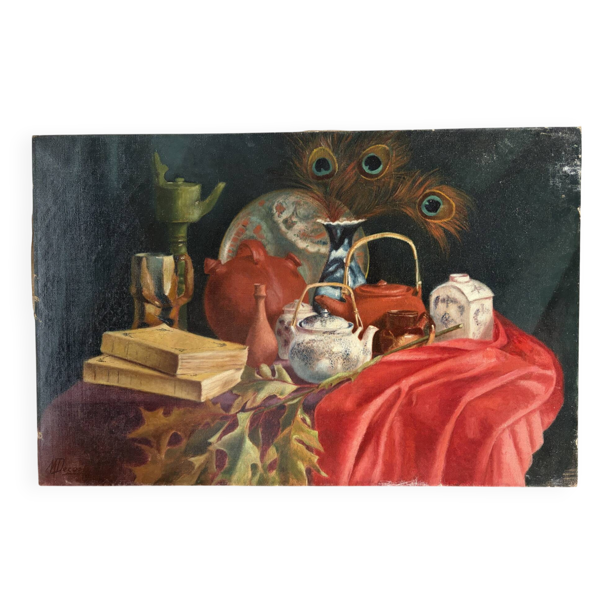 Still life with teapot and peacock feathers, oil on canvas signed