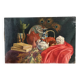 Still life with teapot and peacock feathers, oil on canvas signed