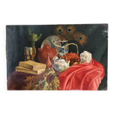 Still life with teapot and peacock feathers, oil on canvas signed