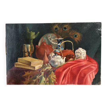 Still life with teapot and peacock feathers, oil on canvas signed