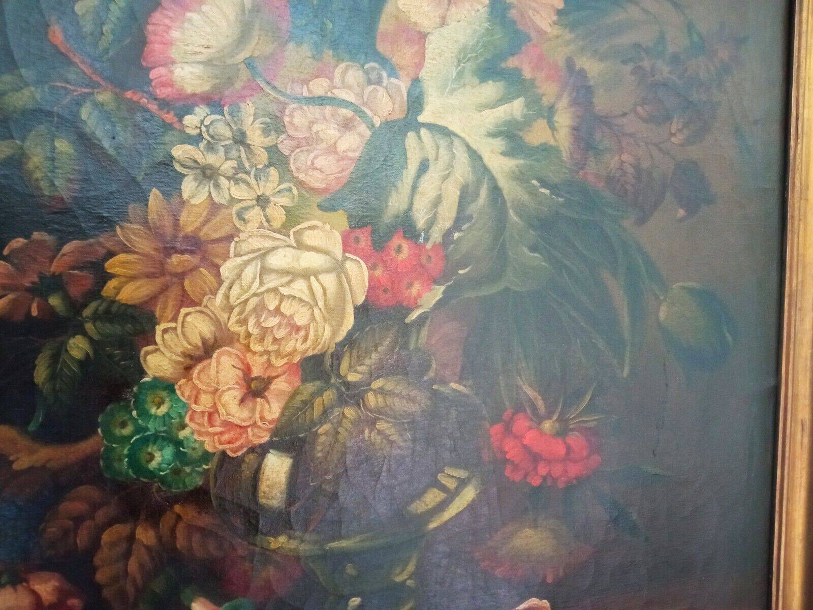 Old painting Bouquet of flowers oil on canvas still life 19th century