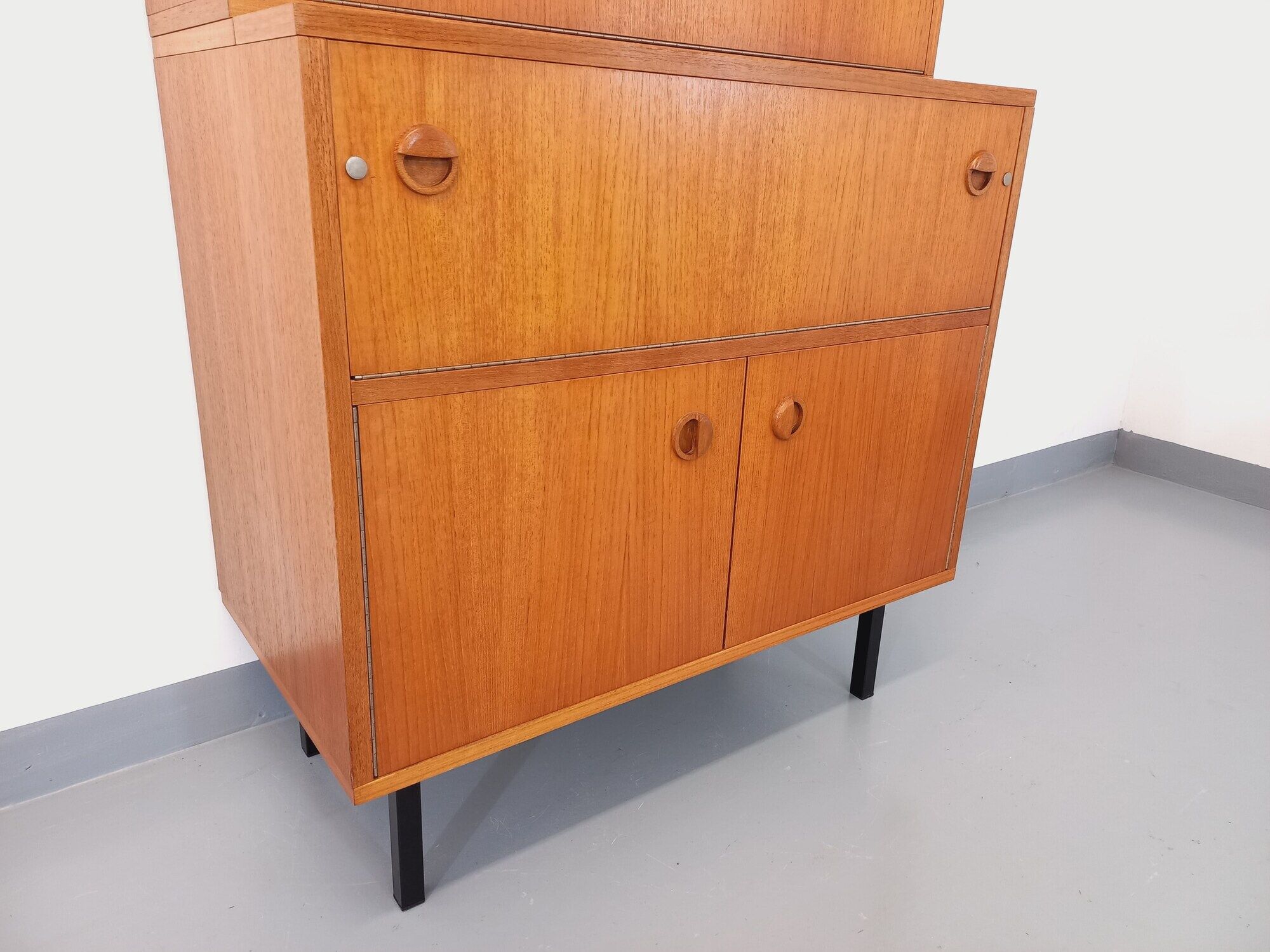 Bookcase cabinet vintage teak and metal storage secretary from the 60s