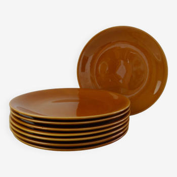 Set of 8 ocher enameled ceramic dinner plates
