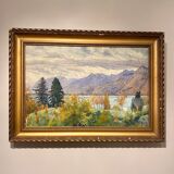 Old painting, landscape of a Swiss lake, signed A Bezencon, dated 1921