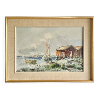 Vintage Impressionist Landscape with Fishing Boats Scene Oil Painting 1960s