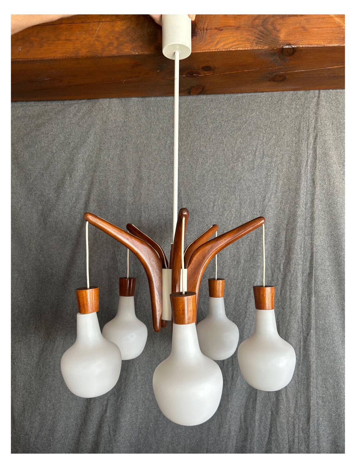 Vintage teak and opaline chandelier