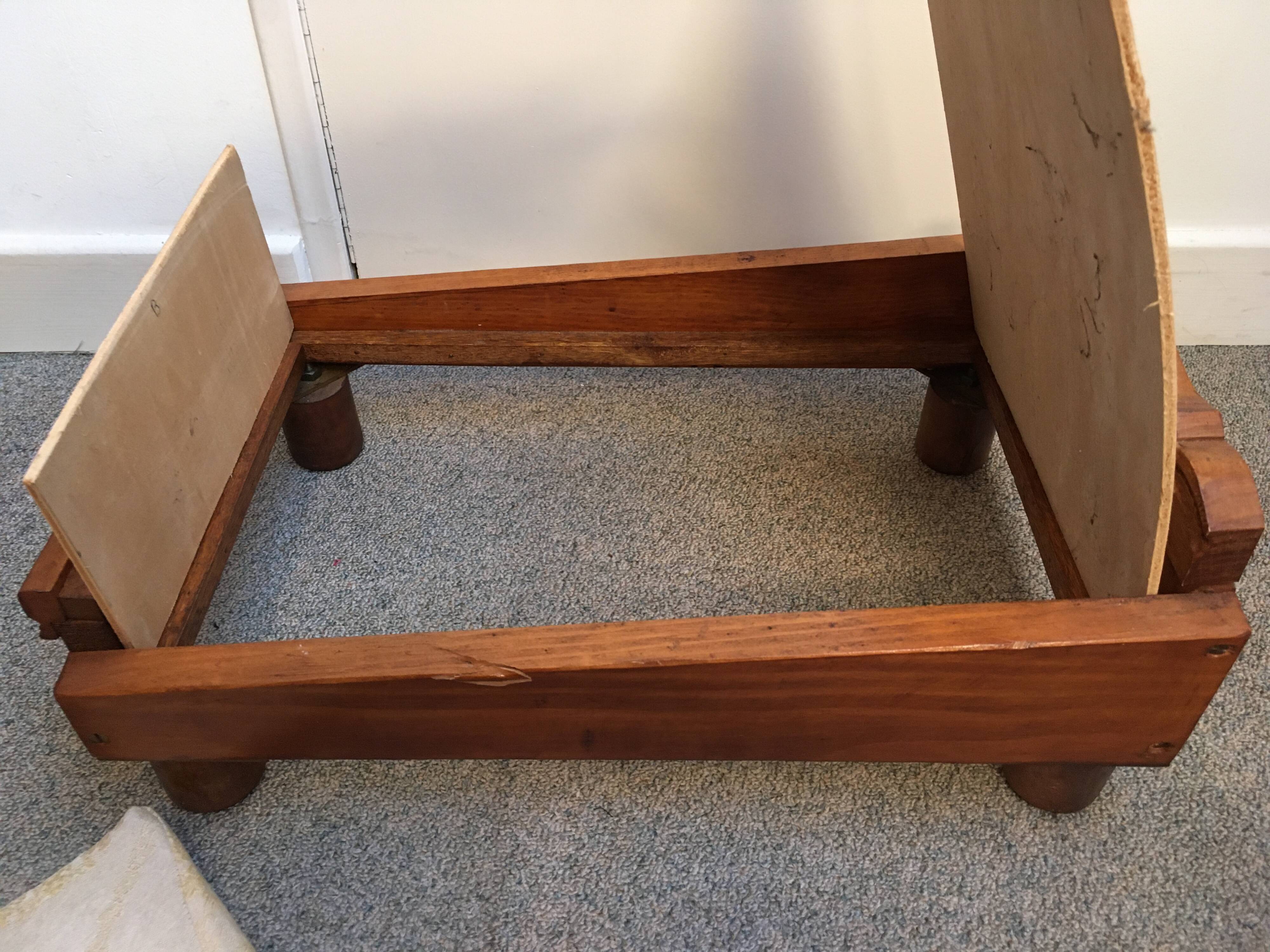 Old wooden bed for doll with mattress and pillow