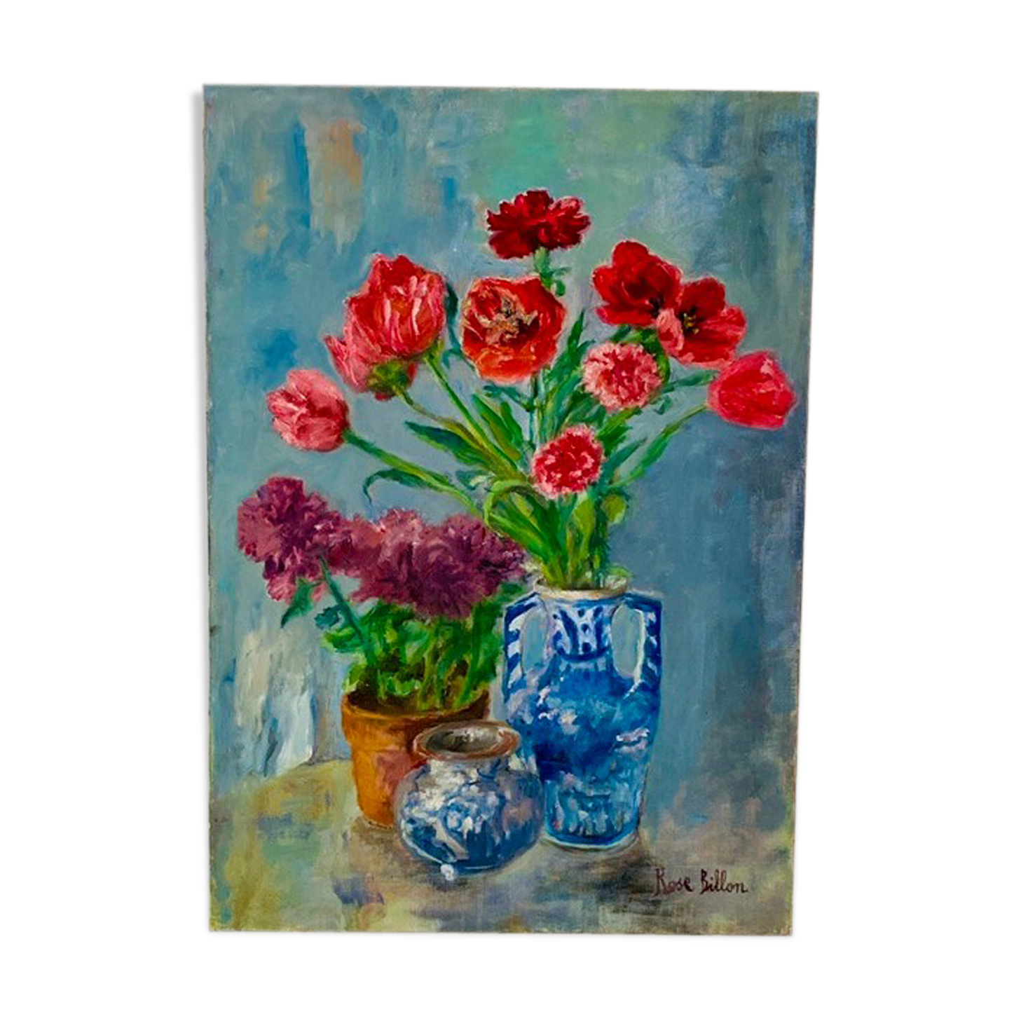 Ancient painting, still life in vase, flower pot and pitcher, signed, 20th century