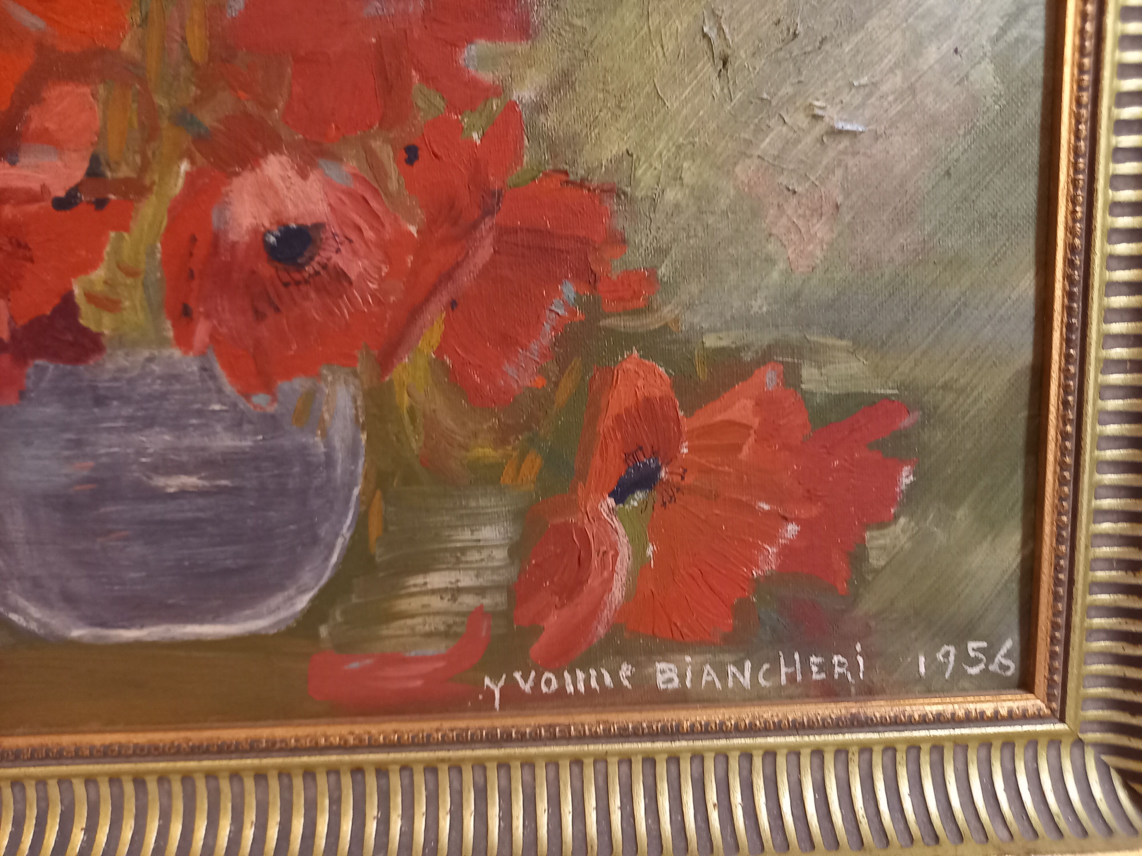 Old painting signed Yvonne Biancheri, Bouquet of red anemones, 1956,