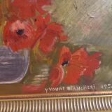 Old painting signed Yvonne Biancheri, Bouquet of red anemones, 1956,