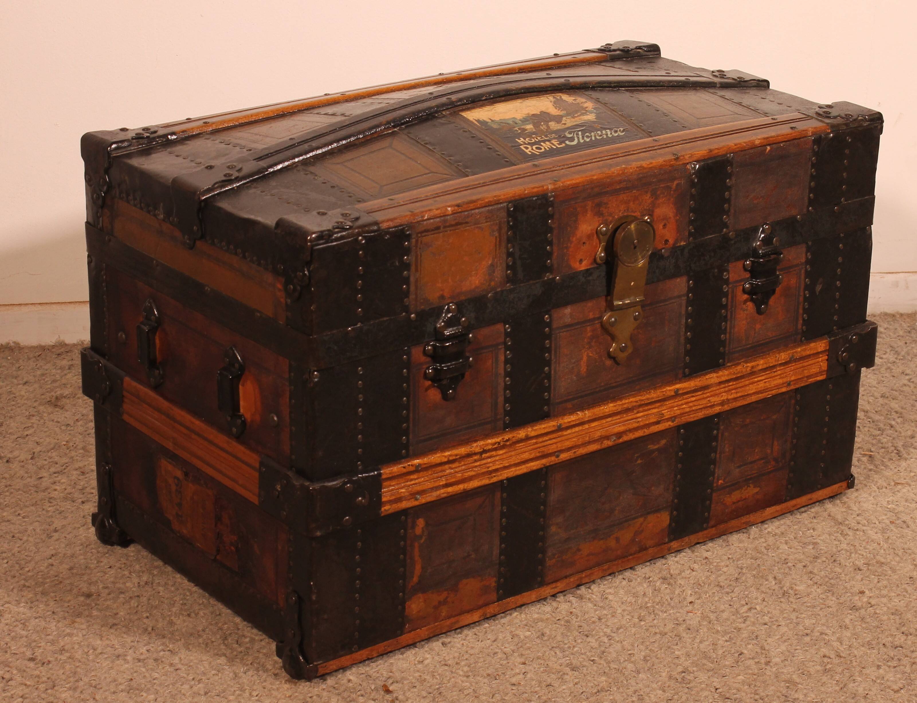 travel trunk from the early 20th century made of leather and wood