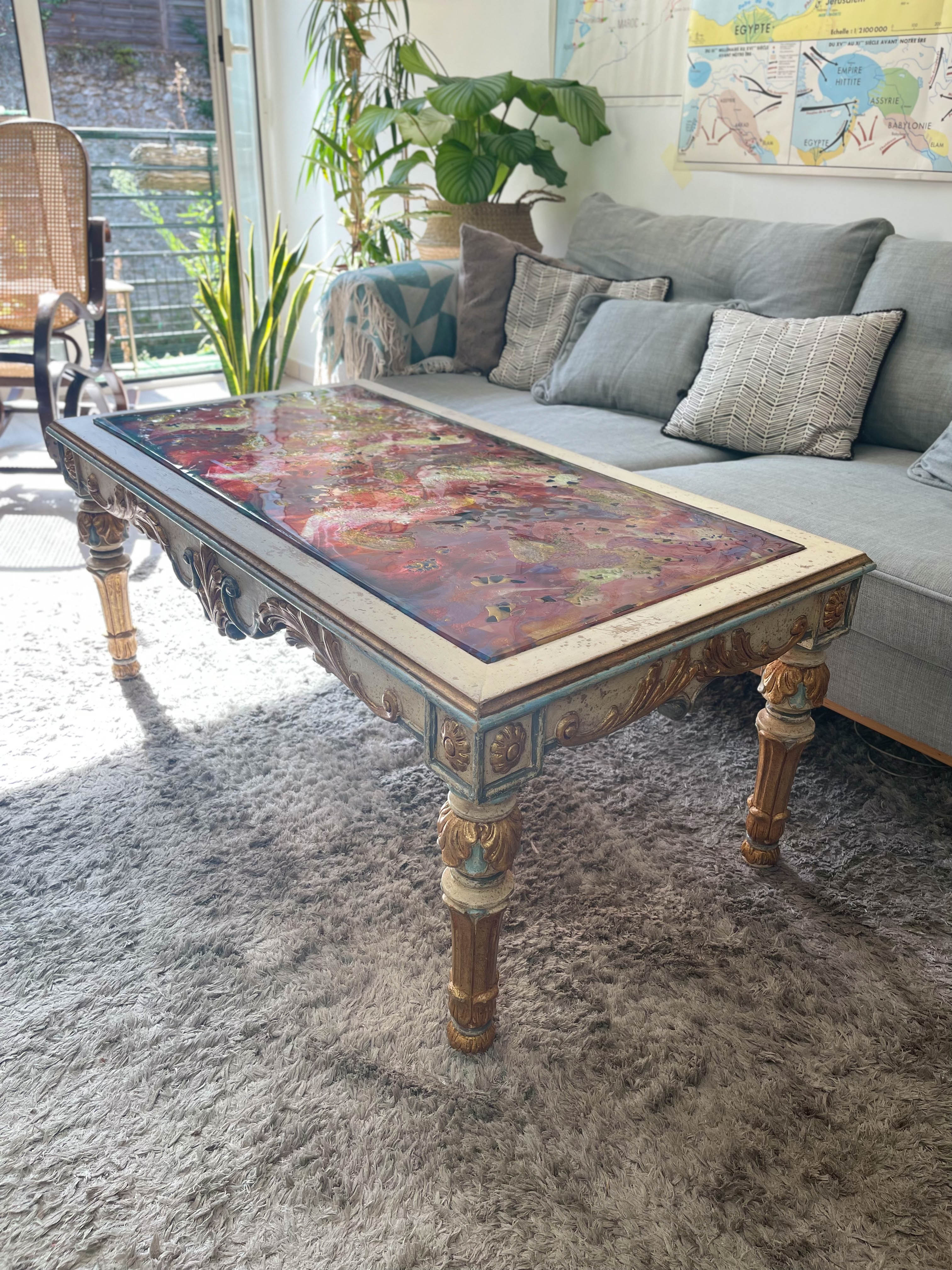 Baroque style coffee table colored glass