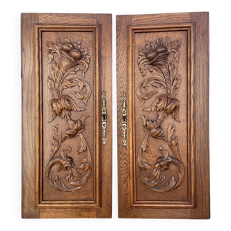 Paire d'ancien panneau porte bois sculpté Bas relief (chêne)