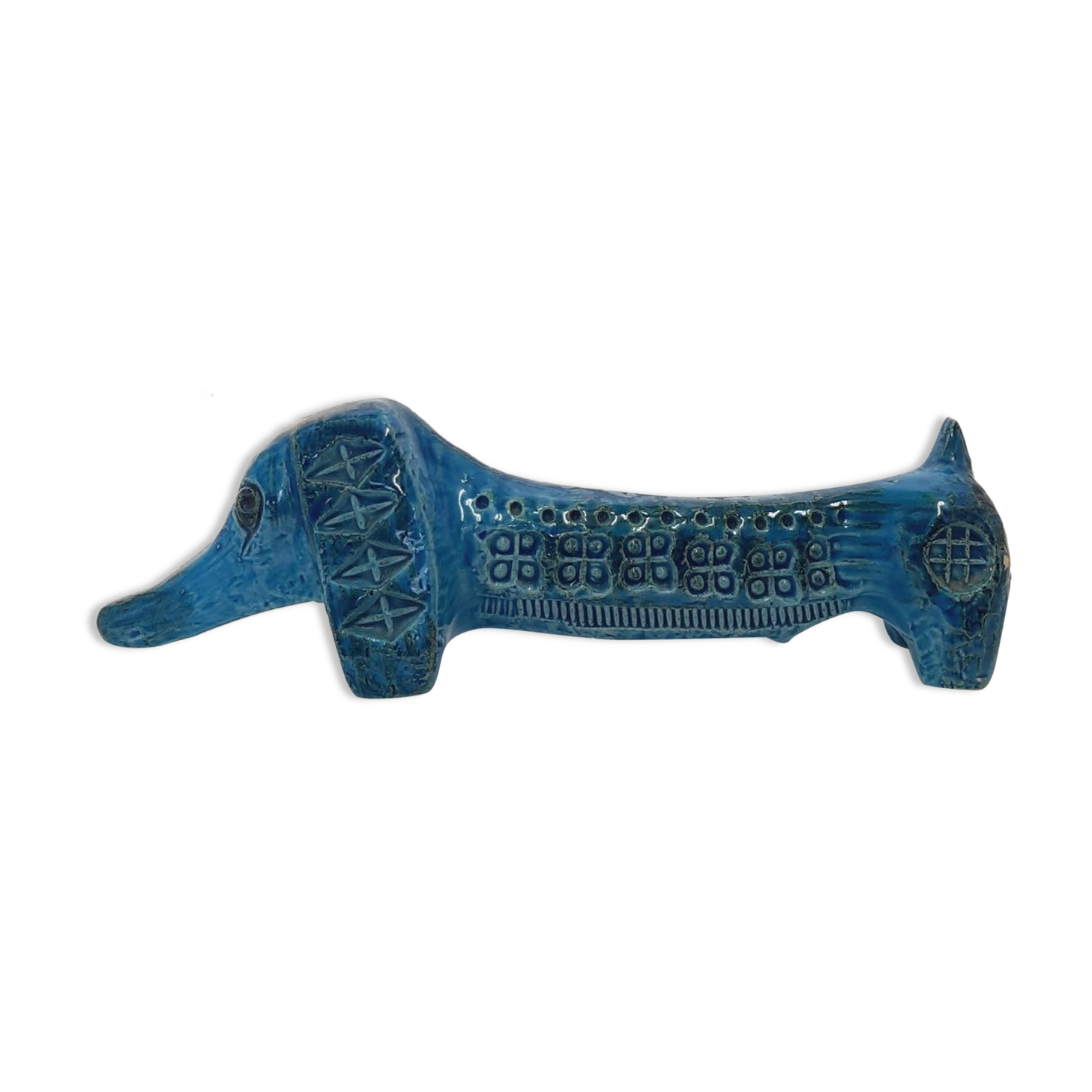 Dachshund dog statue, vintage, by Aldo Londi for Bitossi, Rimini blue series.