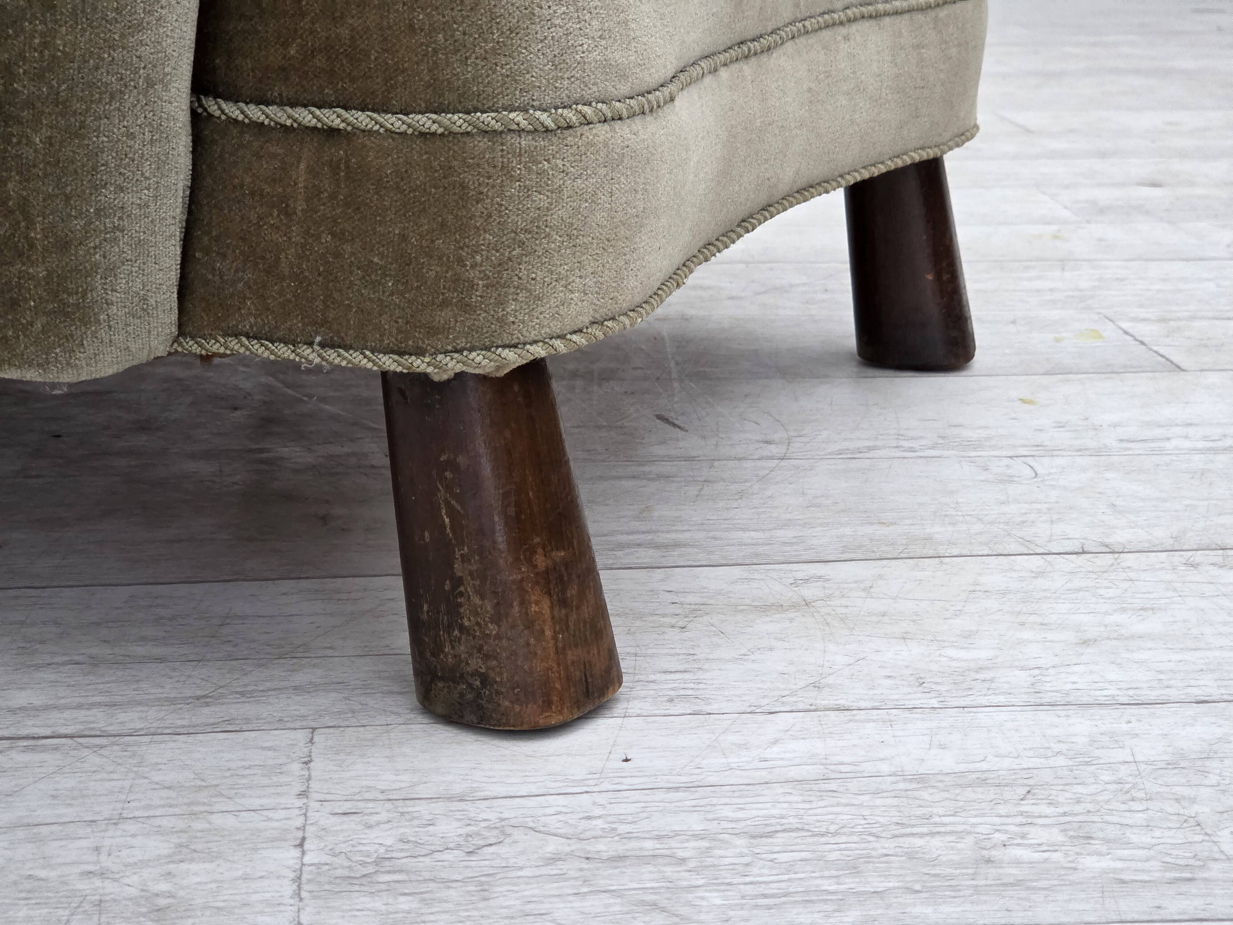 1960s, Danish armchair, green furniture velour, oak wood legs.