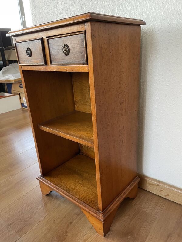 Petit meuble vintage en bois – 2 tiroirs & étagères