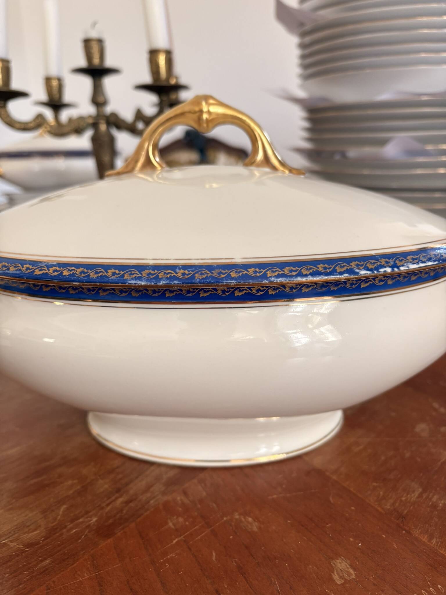 Large Soup Tureen Porcelain Limoges Blue Gold Betoule & Legrand France 1/2