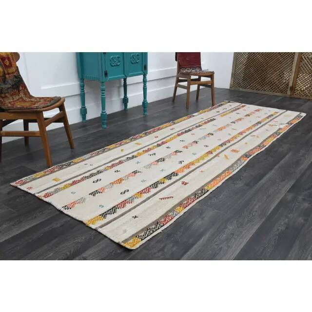 1970s Turkish Oushak Handmade Wool Cotton Beige Runner Rug 116x344