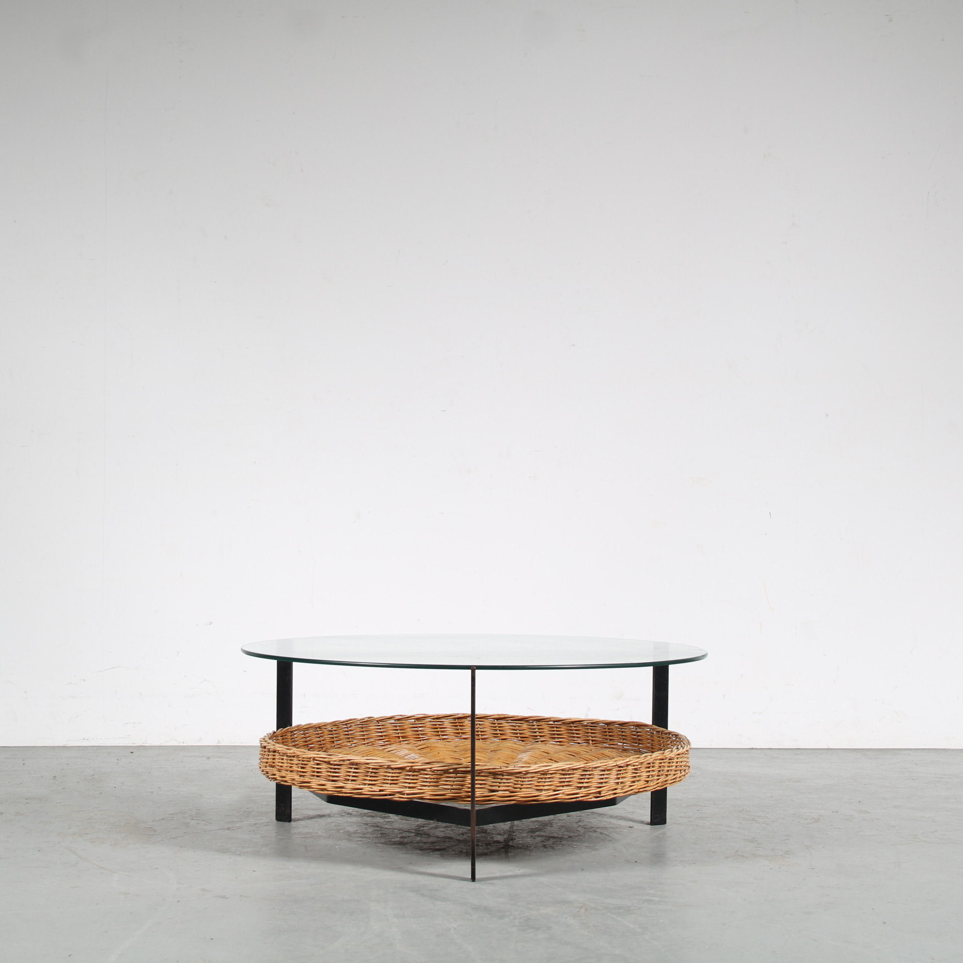 1960s Round coffee table with wicker from the Netherlands
