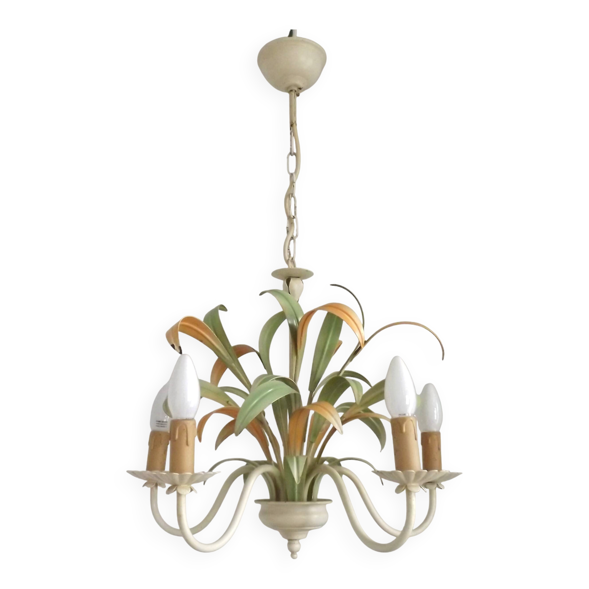 French Vintage Cream 5 Light Metal Chandelier Green and Peach Leaves