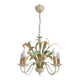 French Vintage Cream 5 Light Metal Chandelier Green and Peach Leaves