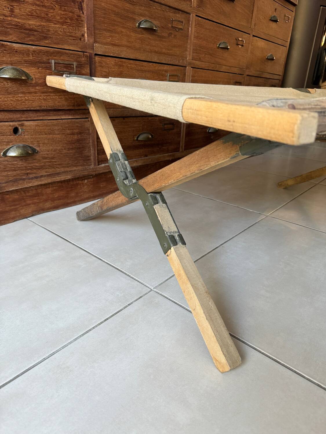 Old vintage military camp bed