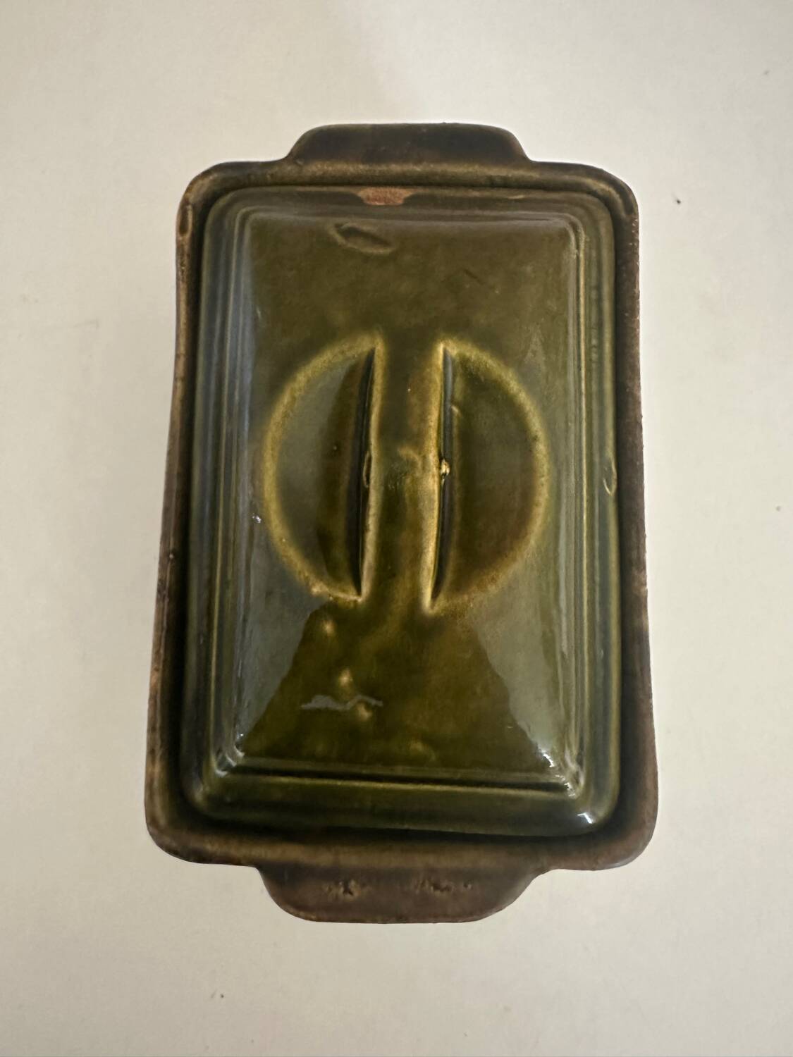 Vintage green majolica butter dish