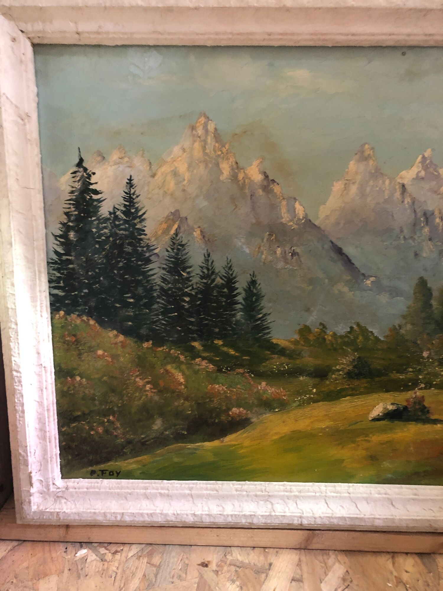 Old painting oil on panel p. FOY Mountain view + Frame Wood Vintage White