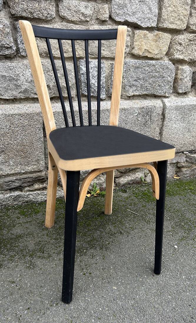 Suite of 6 Baumann, Gascoin, Luterma bistro chairs, redesigned, raw wood and matte black.