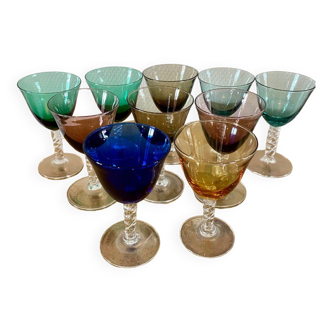10 colored liqueur glasses and twisted stems