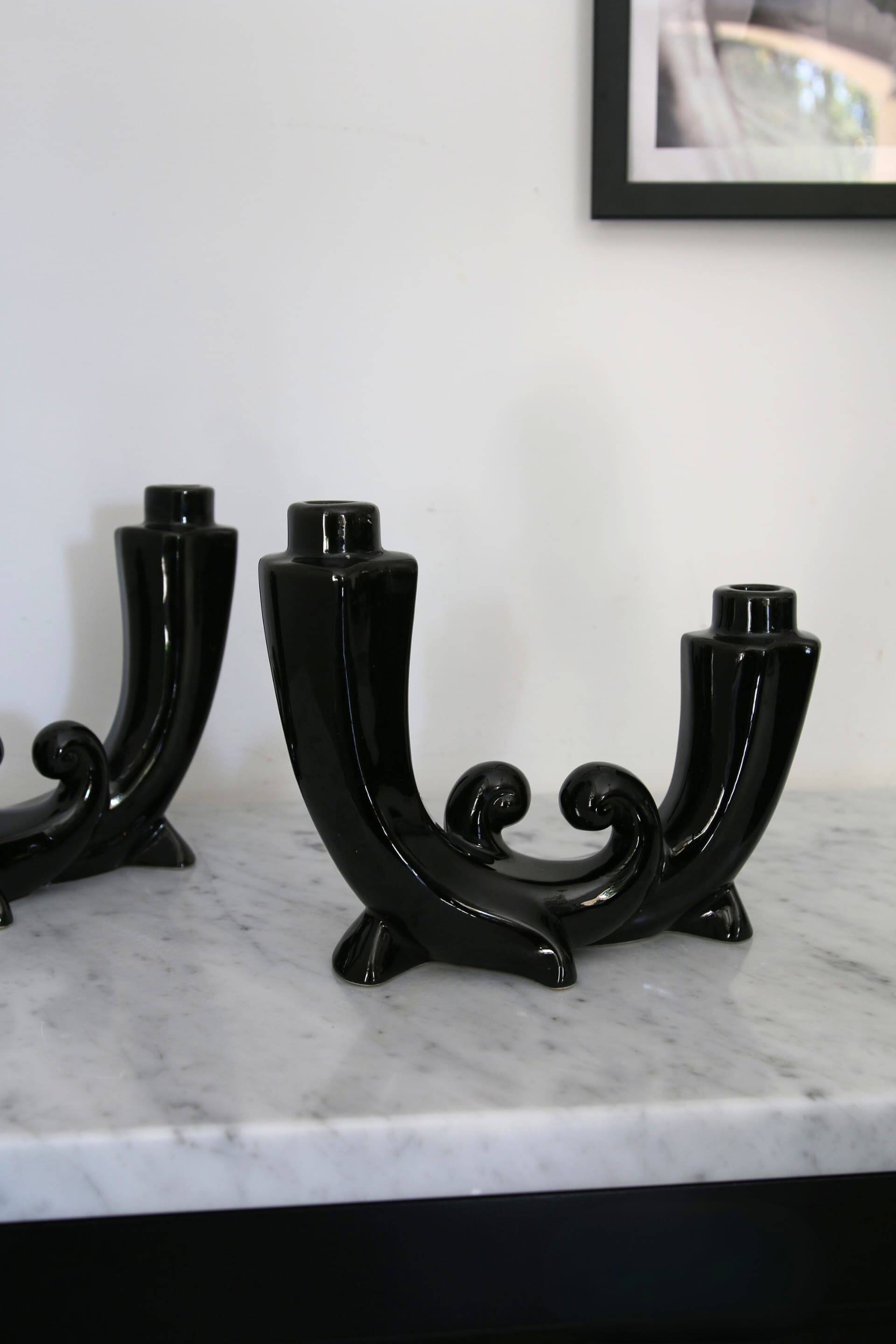 Pair of Art Deco candle holders in black ceramic