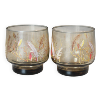Set of 2 vintage smoked glasses - Luminarc Tivoli wheat ear pattern - year