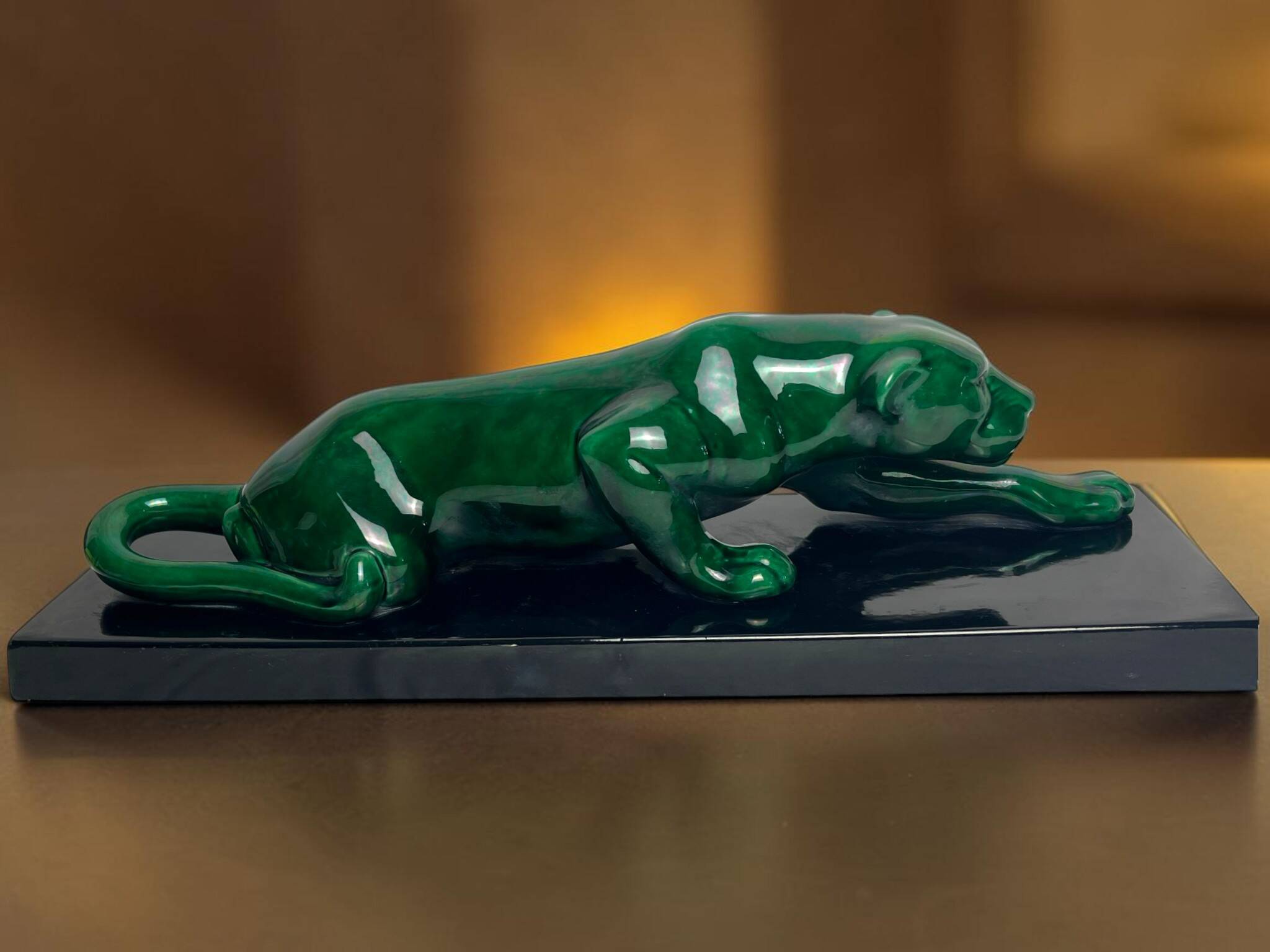 Art Deco, green ceramic panther sculpture circa 1930.