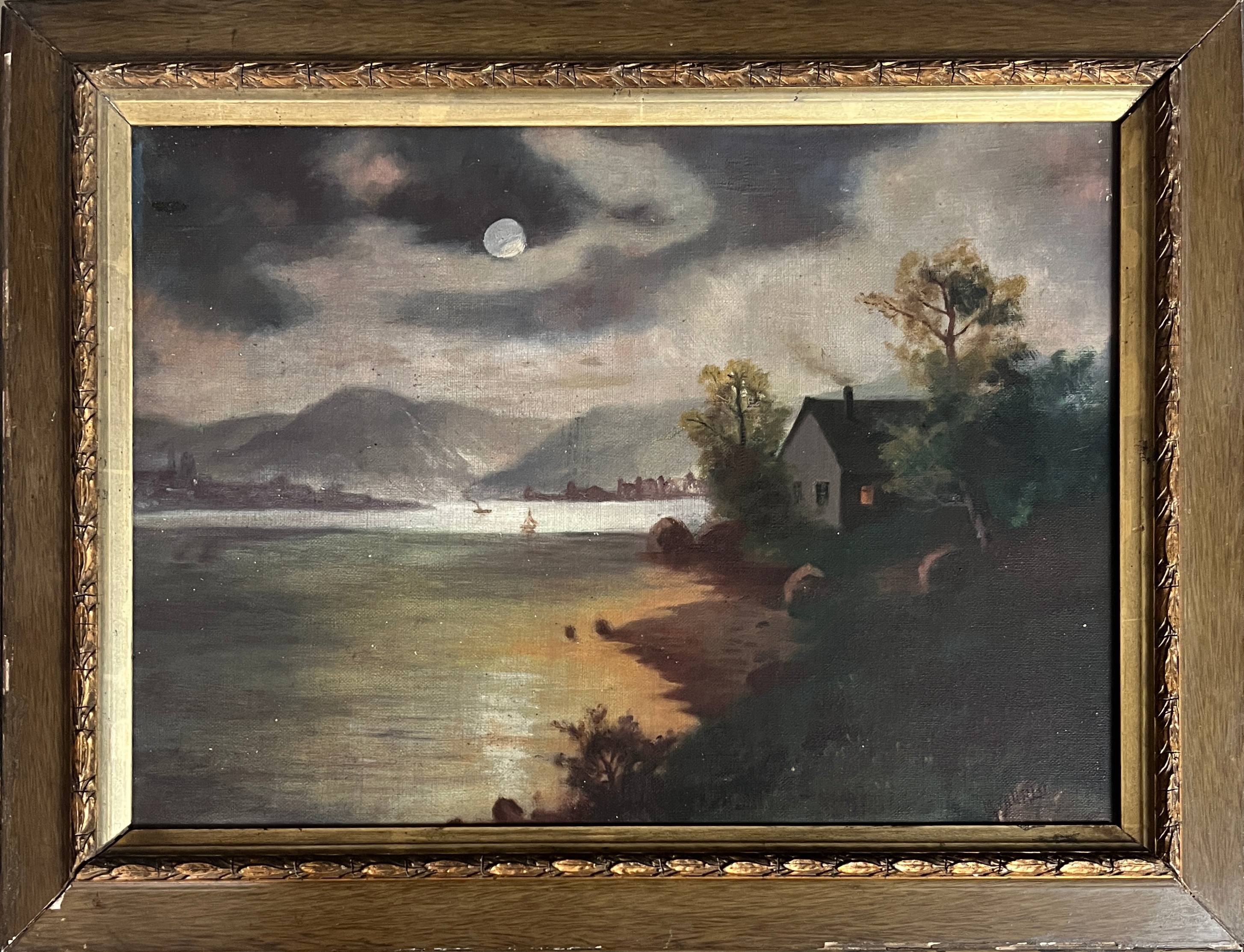 Pendant of HST painting "Landscape in the moonlight" signed + frame circa 1920