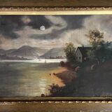 Pendant of HST painting "Landscape in the moonlight" signed + frame circa 1920