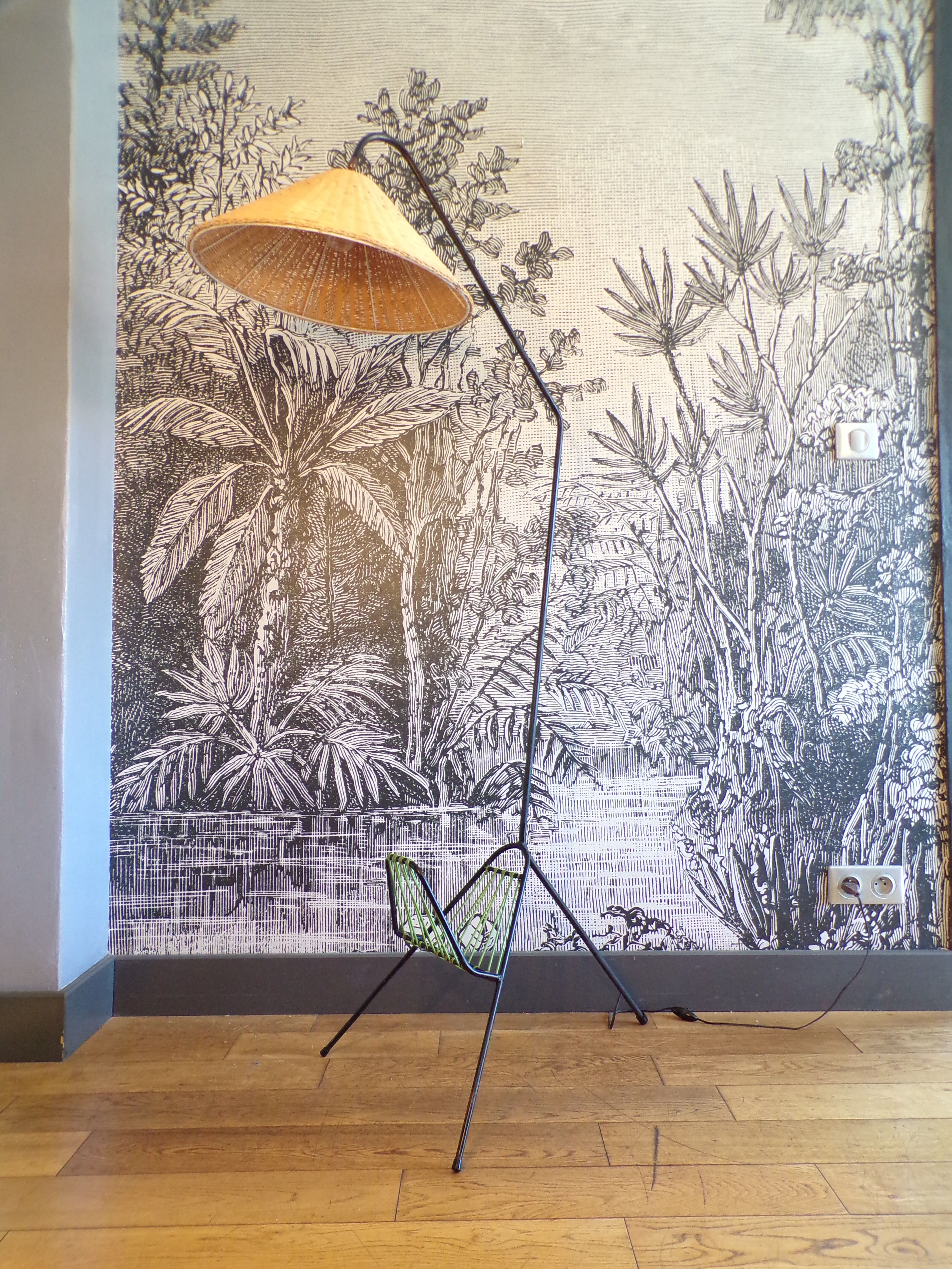 Vintage floor lamp rattan lampshade