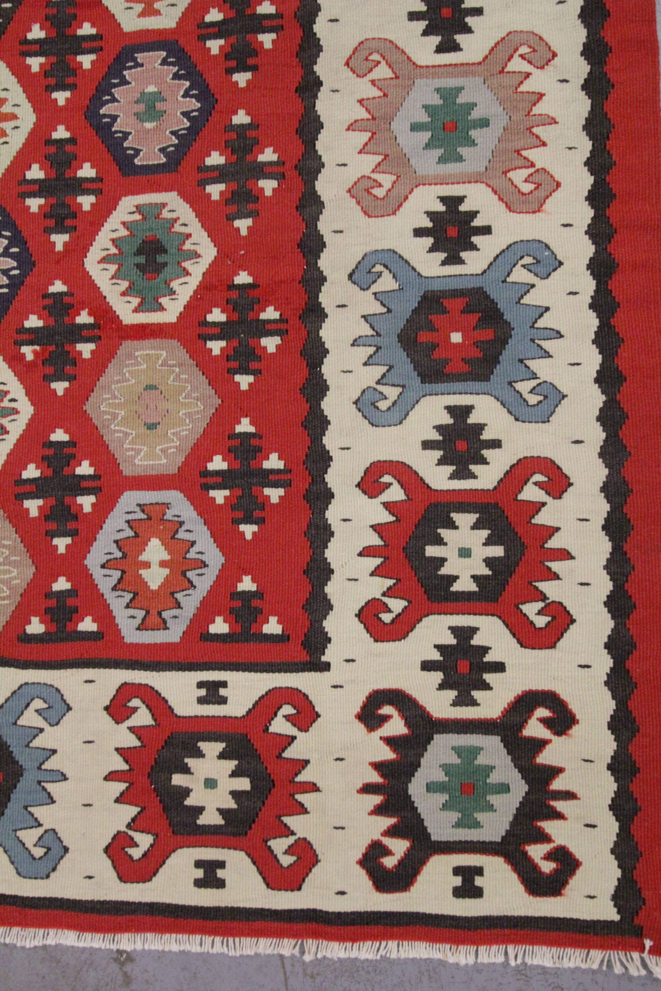 Handwoven Turkish Kilim Rug, 1960s Red Geometric Tribal Rugs 98 x 181 cm