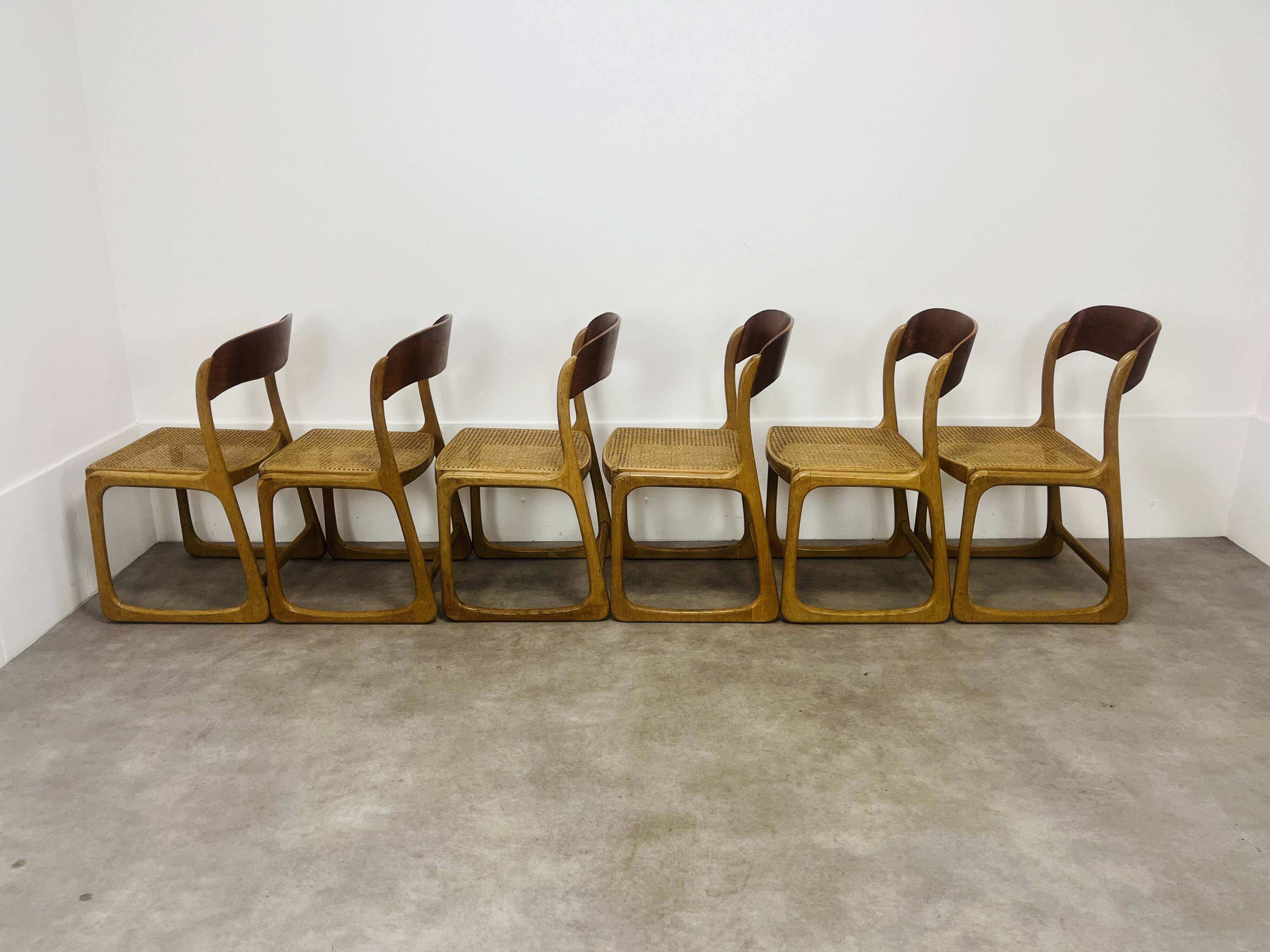 6 Baumann Bémol sled chairs in cane