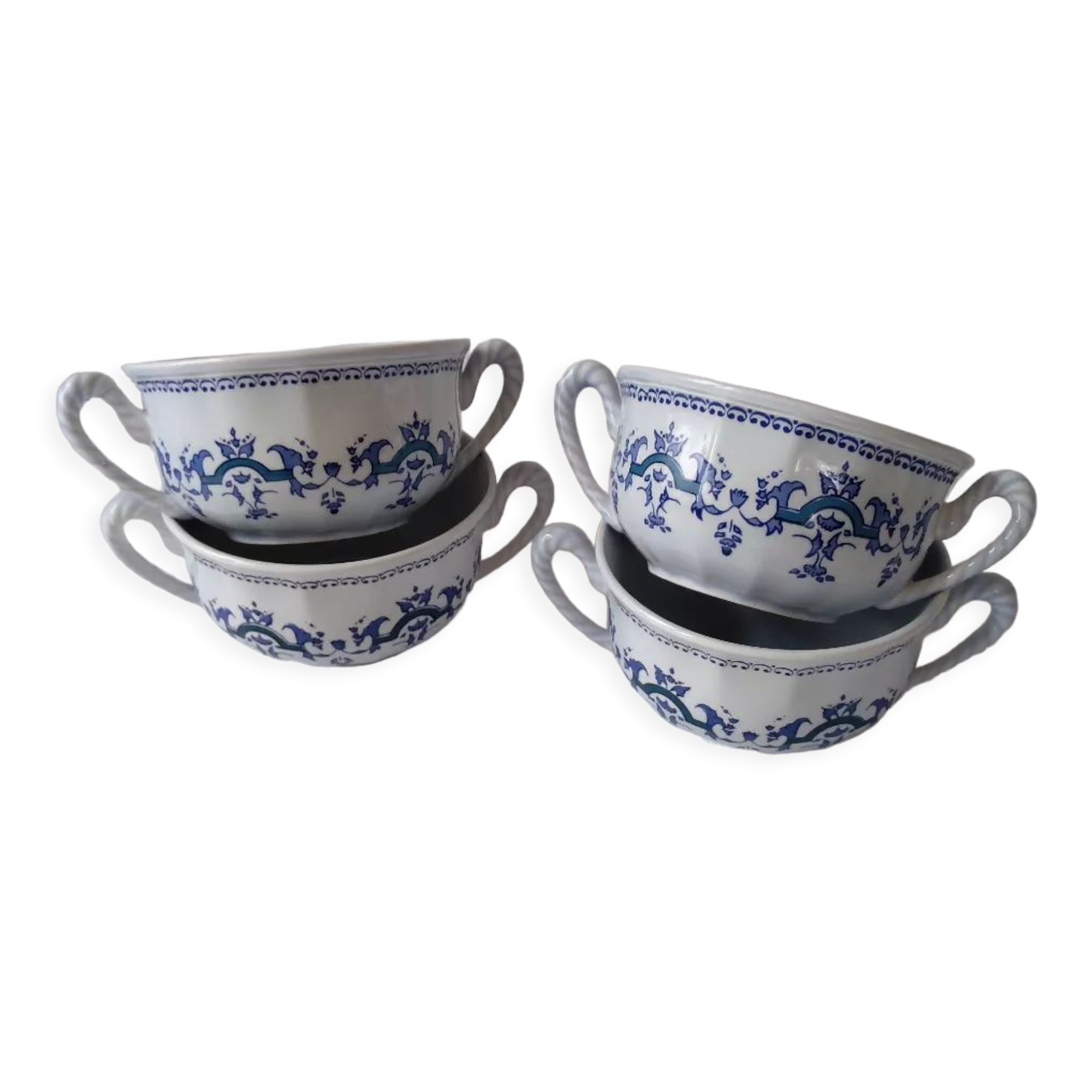 Set of 4 large cups with sky blue handles with Royal navy blue decoration signed salins Ségur ceramic France
