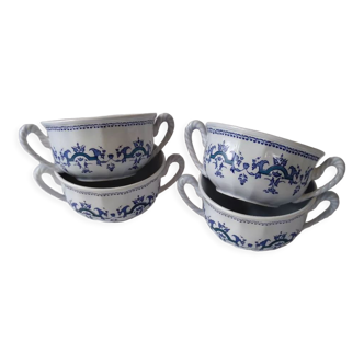 Lot de 4 grandes tasses à anses bleues ciel avec décor Royal bleu marine signé salins Ségur France en céramique