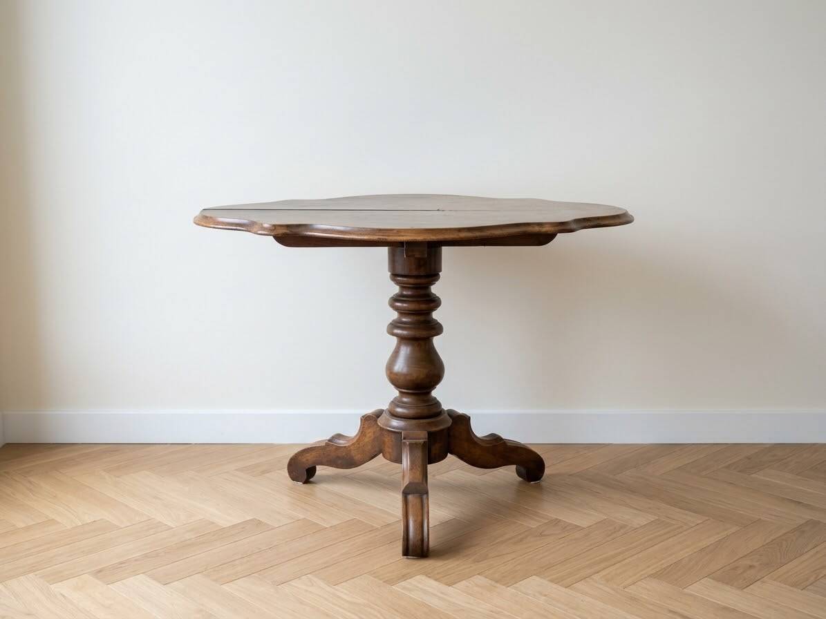 Antique wooden gueridon with a scalloped top.