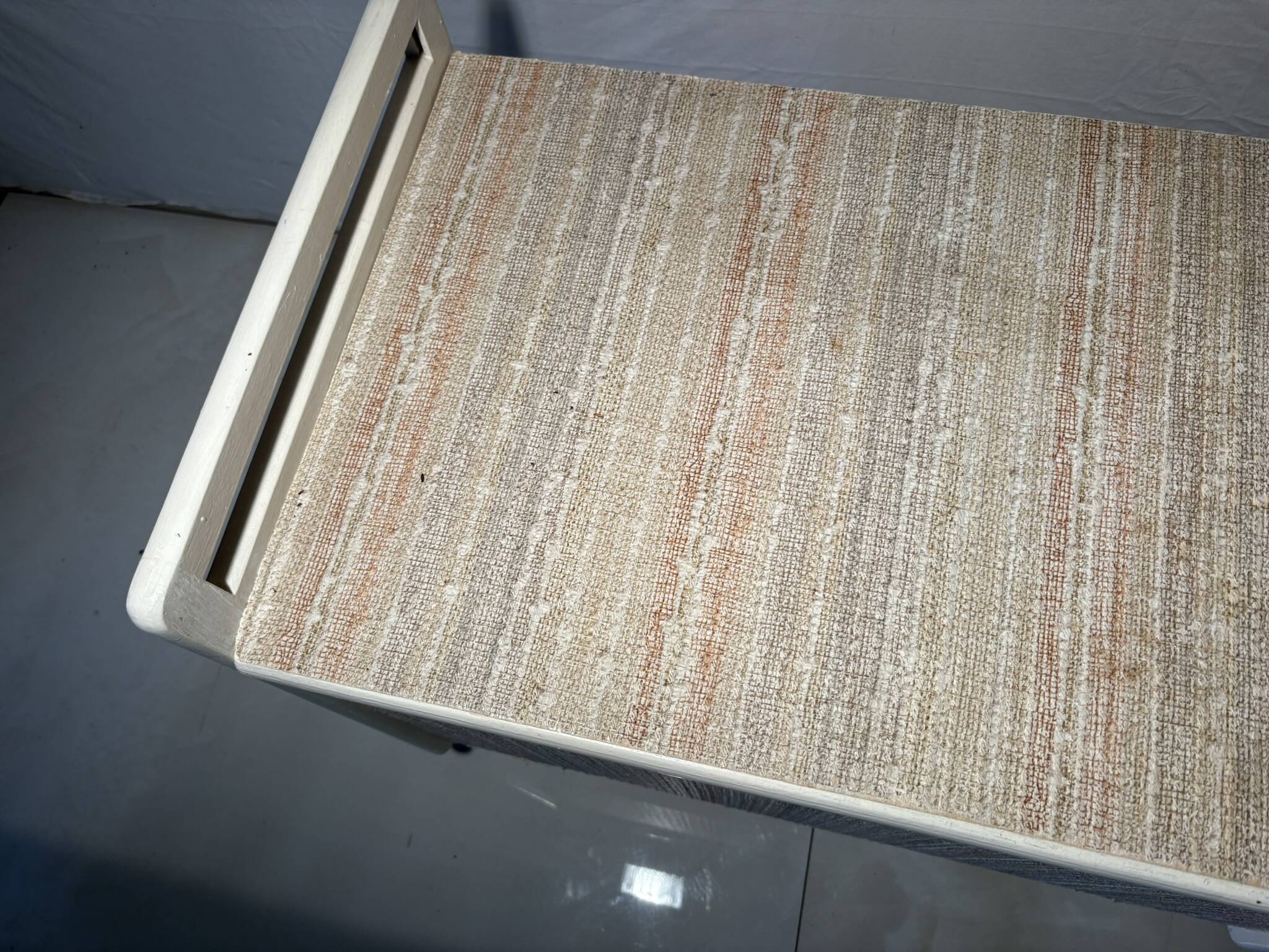 Vintage upholstered chest, white lacquered wooden structure, 1960s-70s