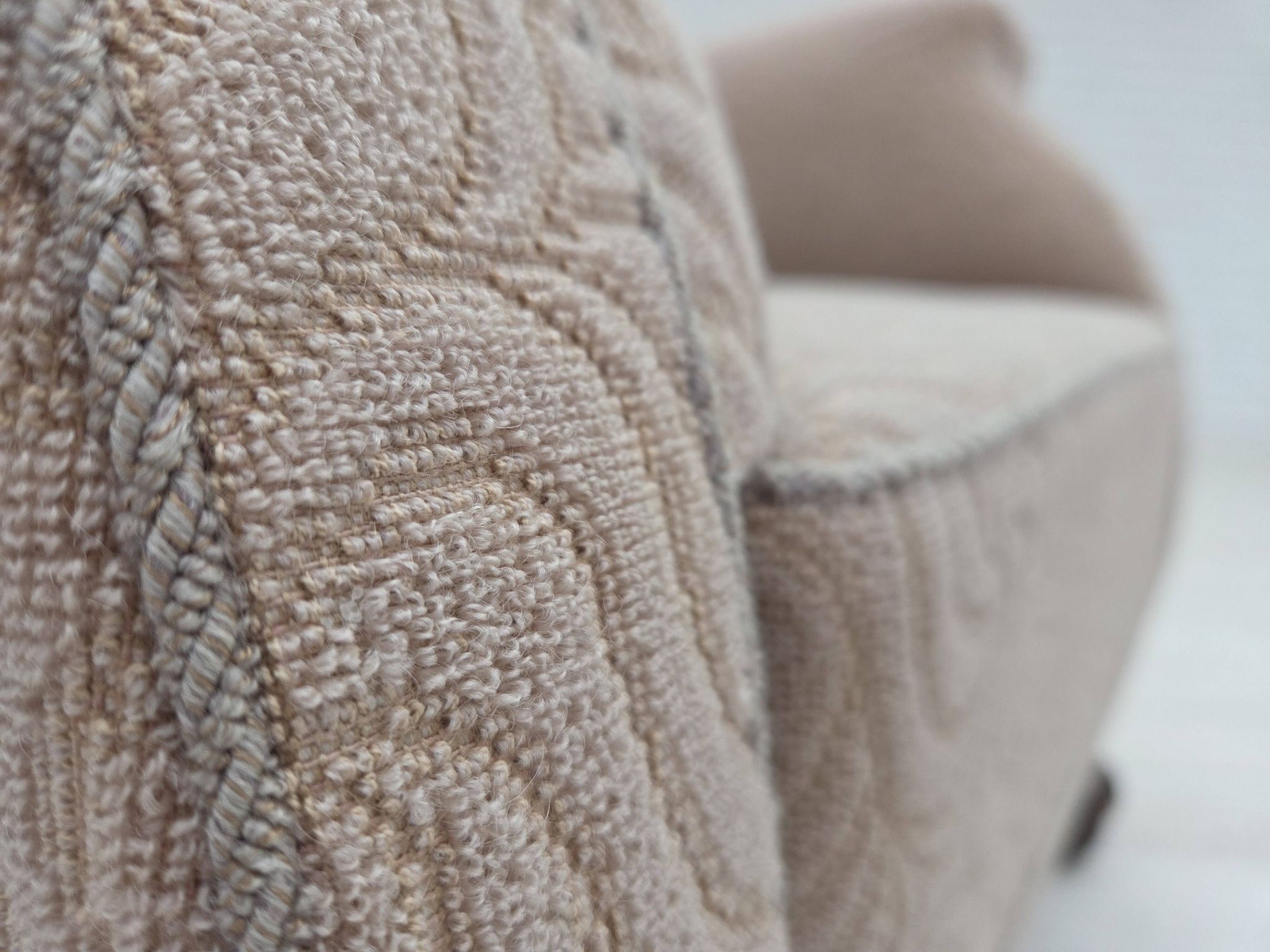 1950s, Danish artdeco armchair, furniture wool, oak wood legs.