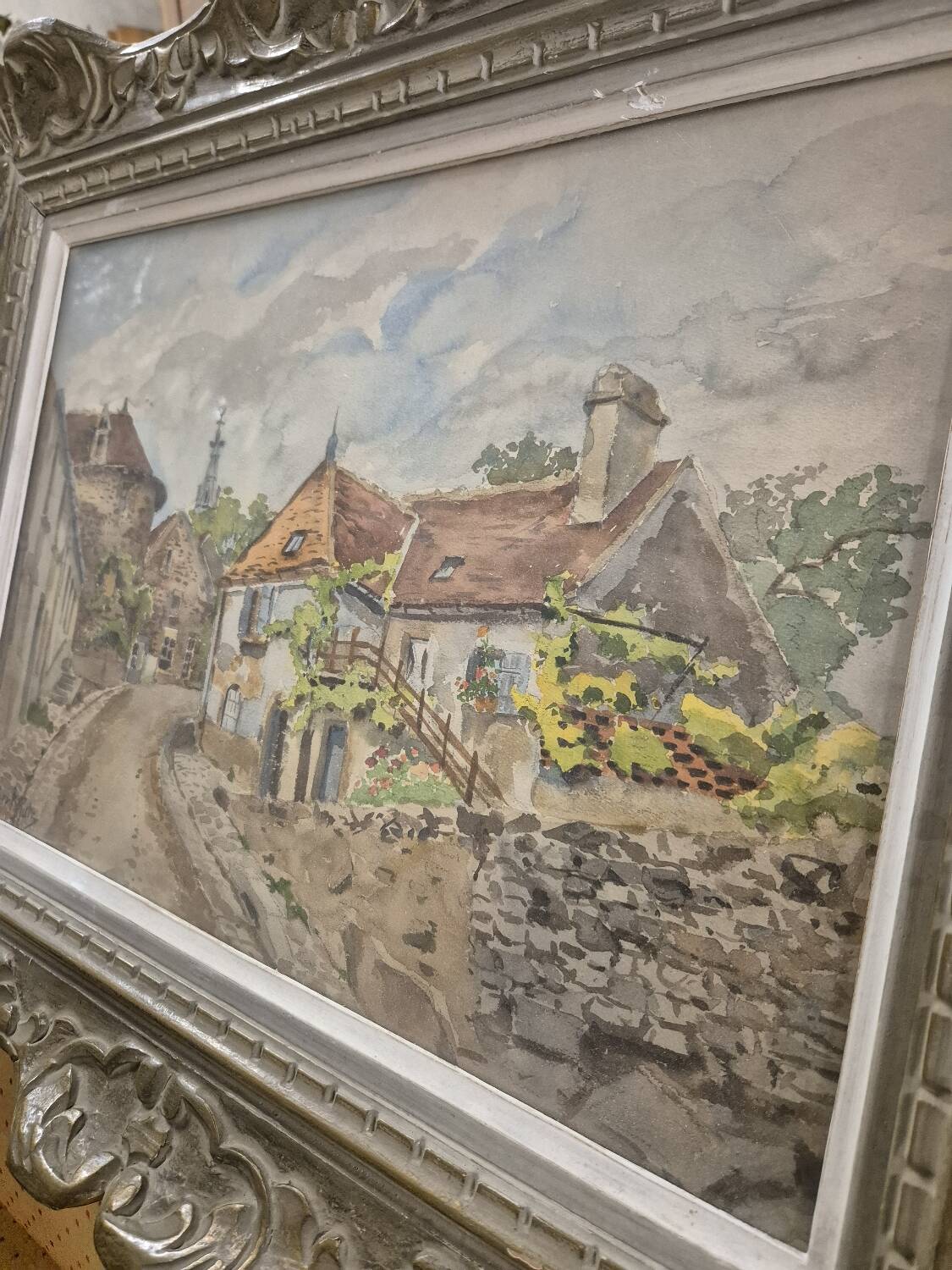 Watercolor landscape painting signed Robert Rutz original Montparnasse frame