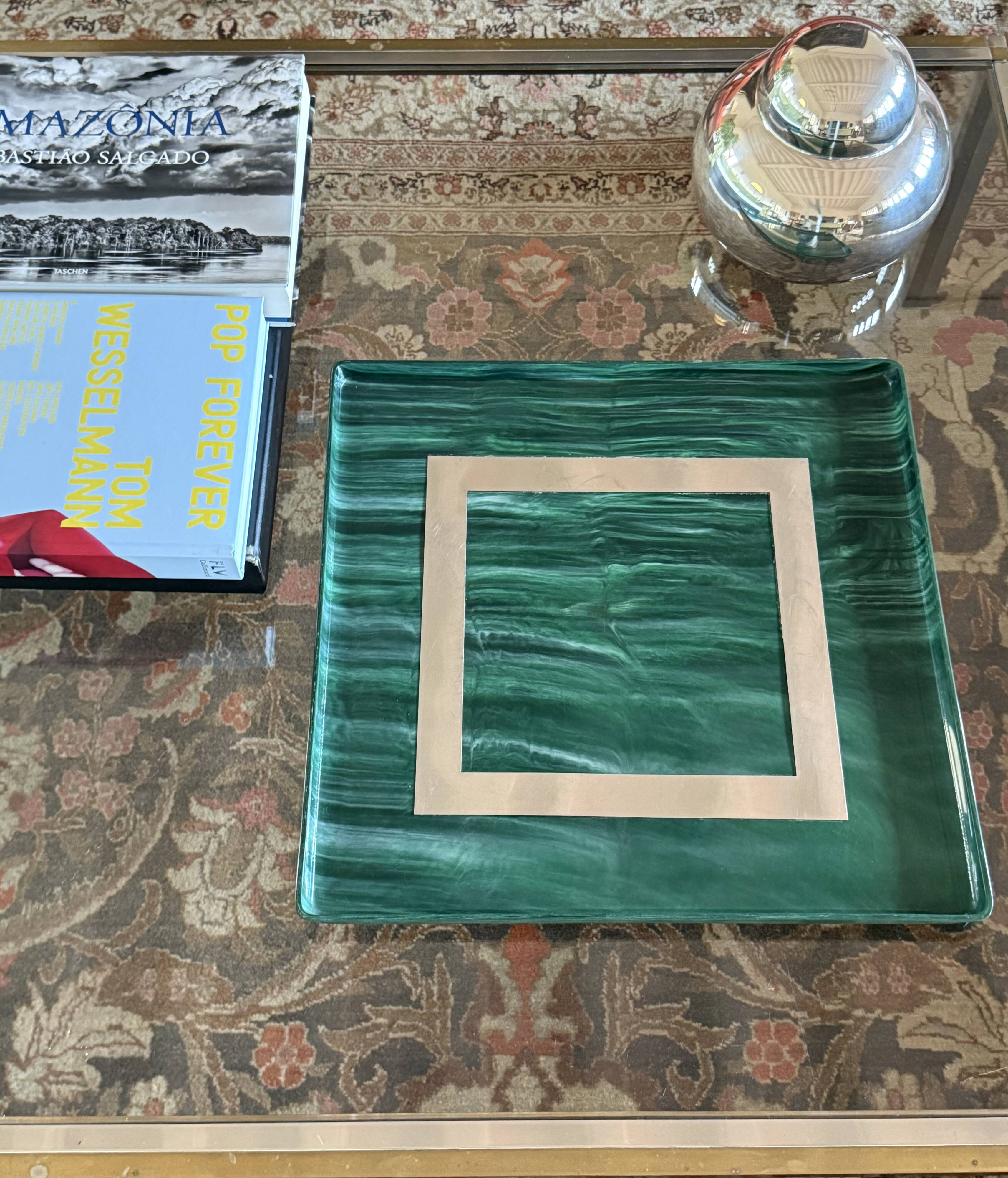 Hollywood regency malachite effect resin & brass tray, Italy 1970s