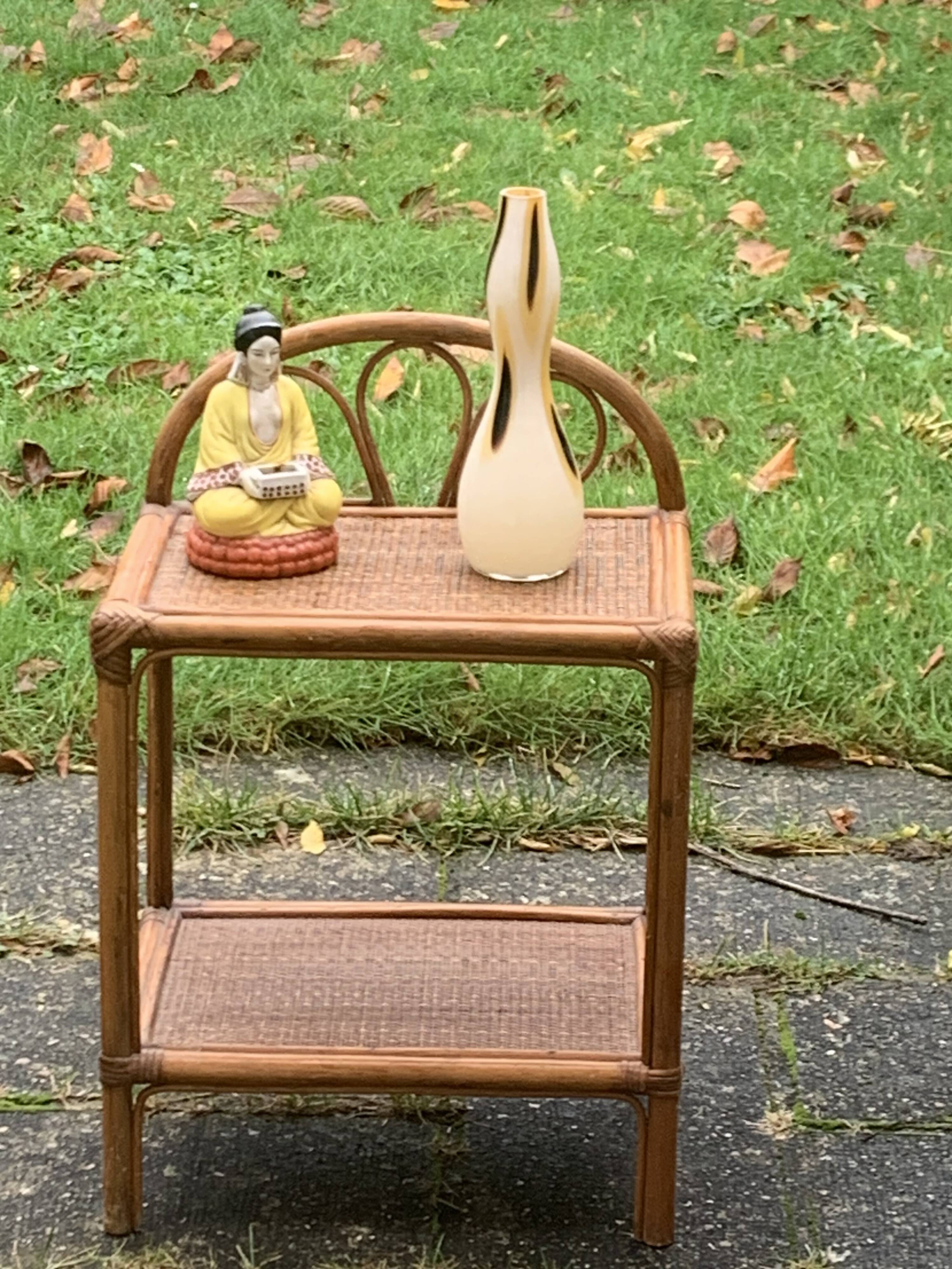 Bedside table, vintage bamboo and rattan shelf