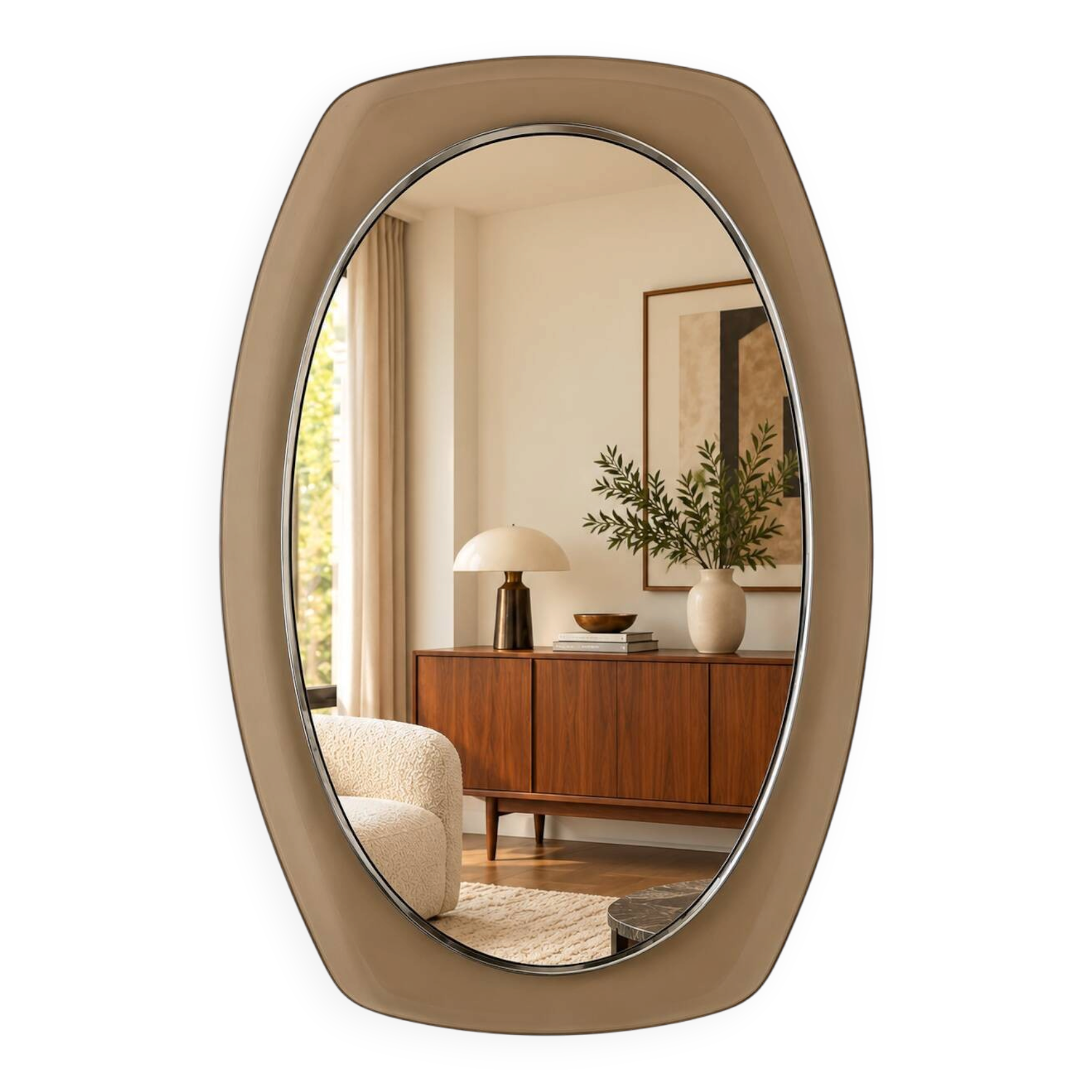 Vintage mirror with smoked glass frame from the 1970s.