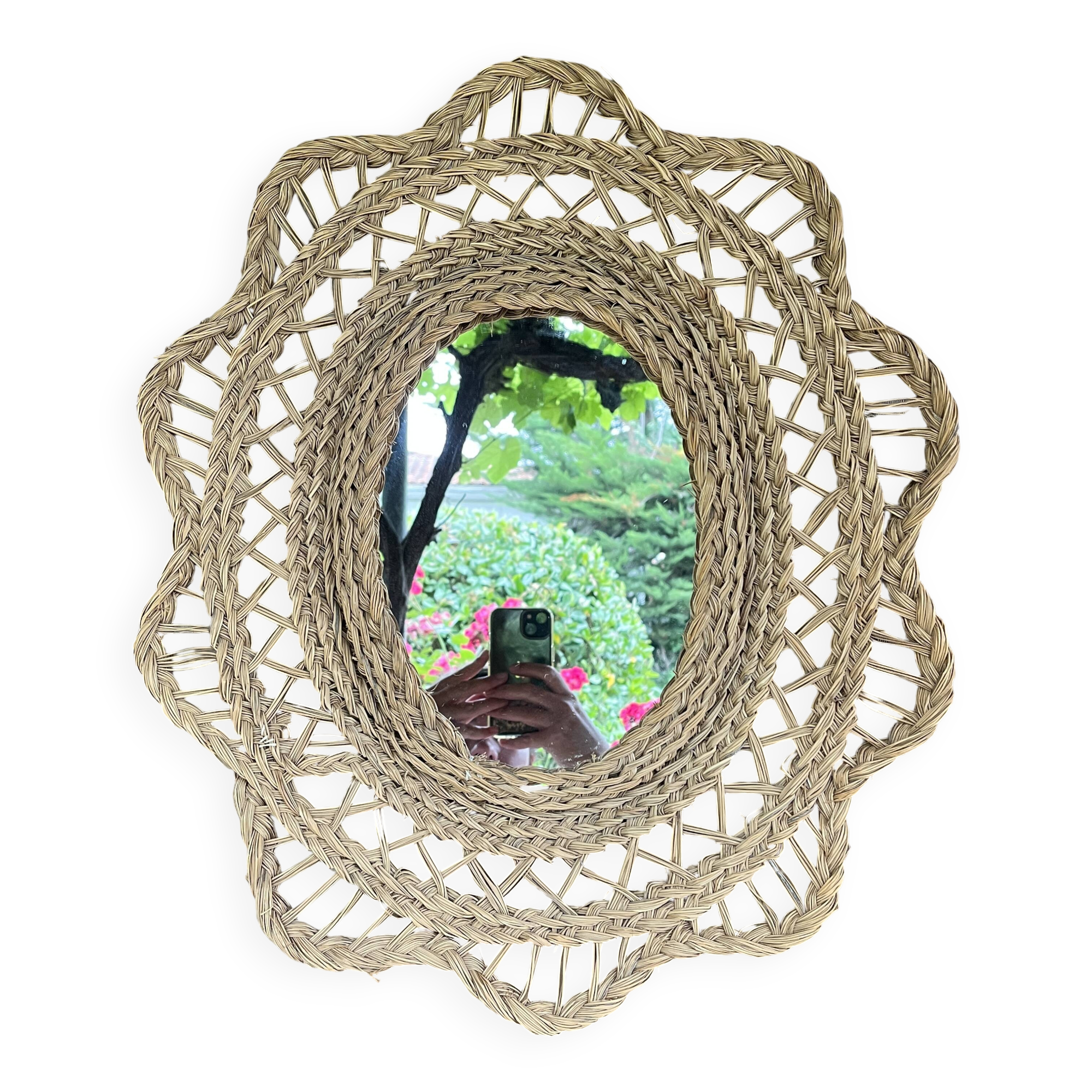 Large braided rattan mirror 1960