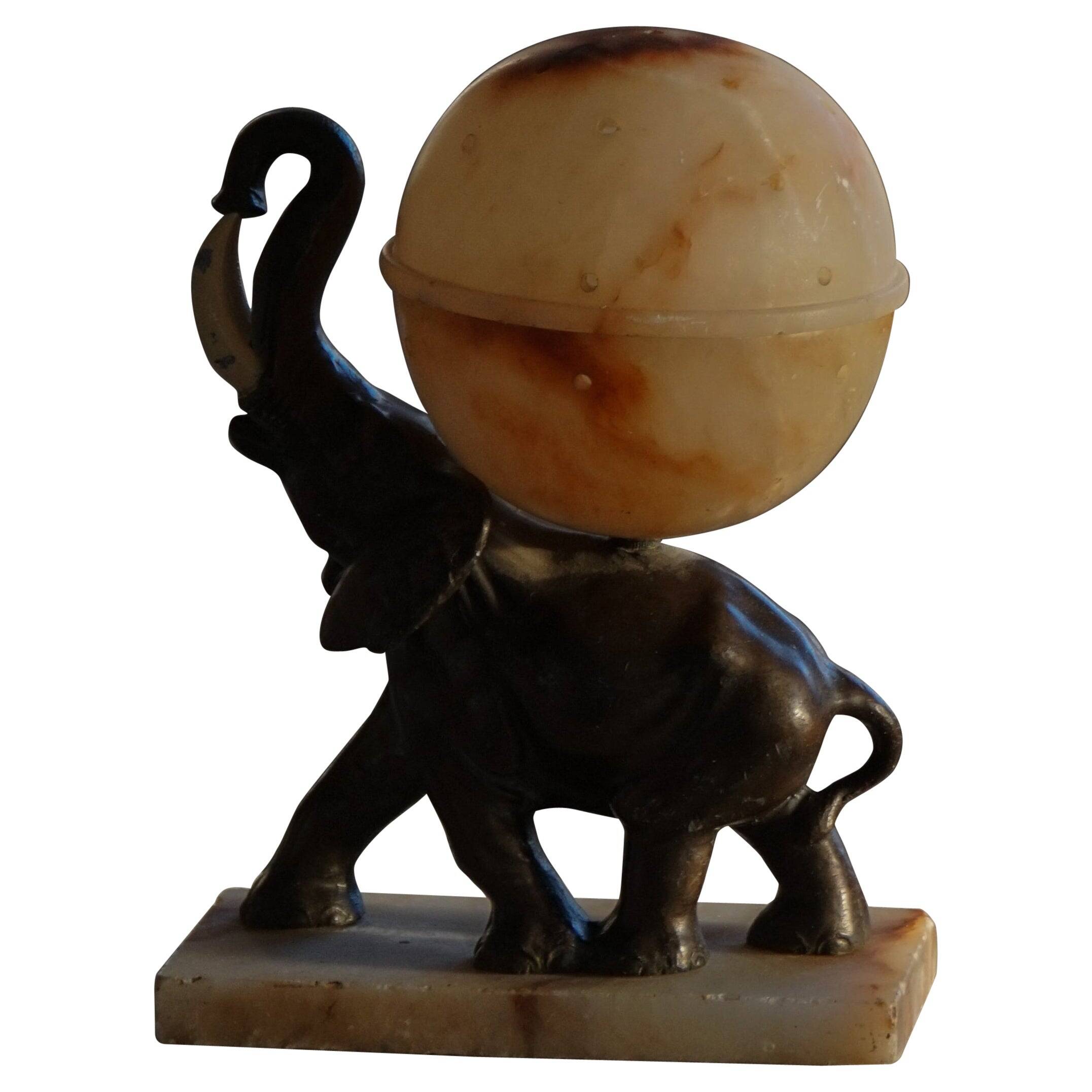 Art Deco Table Lamp, Elephant with Alabaster Globe, Early 20th Century, 1930s